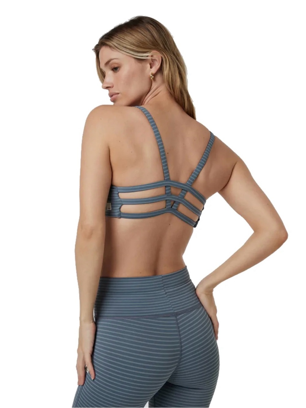 Vuori Yosemite Bra and biker shorts in a blue stripe